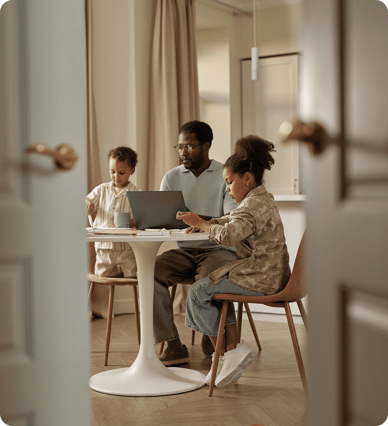 Family working together at home table
